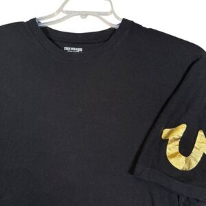True‎ Religion Mens Large Black Gold Logo T Shirt Cotton Crew Neck Casual